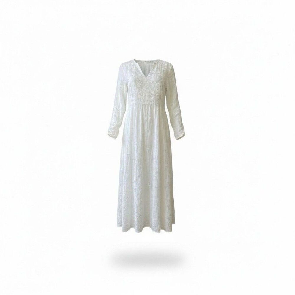 Nili Lotan Maxi Dress Womens XS White 3/4 Sleeve Loose Fitted Embroidered Boho